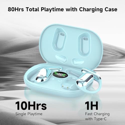 Image of Wireless Open Ear Bluetooth V5.4 Earbuds with Earhooks, HiFi Stereo ENC Earphones with Microphone, Ecouteur Sans Fil Bluetooth IP7 Waterproof, Fit for Sport, Workout and Business, Light Blue