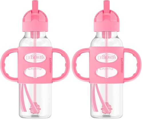 Image of Dr. Brown's Milestones Narrow Sippy Straw Bottle, Spill-Proof with 100% Silicone Handles and Weighted Straw, 8 oz/250 mL, Pink, 6m+ (Pack of 2)