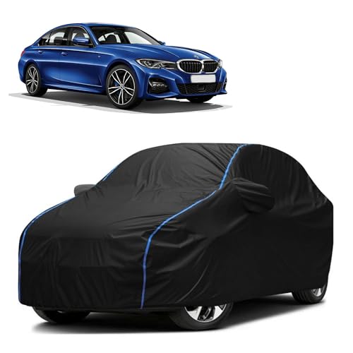 Image of Kerwa Car Body Cover Waterproof Compatible with BMW 3 Series | Scratch Proof, Anti-Dust, UV Protection with Windproof Buckle Strap and Mirror Pockets, Bottom Elastic Fitted-Black