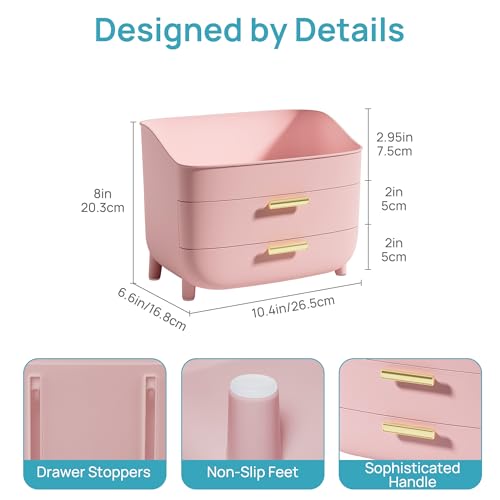 Image of Vtopmart 3-Tier Skincare Makeup Organizer with Drawers for Vanity and Bathroom Countertop, Large Cosmetic Storage Box Case for Dresser, with Non-Slip Base, Pink