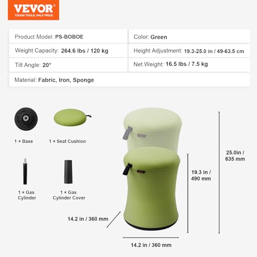 Image of VEVOR Wobble Chair, Height-Adjustable (19.3-25 inch) Wobble Chair with Fabric Cover, Flexible Seating Wobble Stool Made of Iron & Sponge, Ideal for School, Office & Home, 20 Tilt Angle, Age 12-18, Green