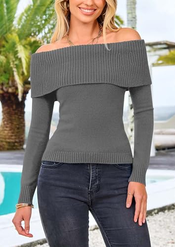 PRETTYGARDEN Off The Shoulder Sweater for Women 2025 Fall Fashion Cute Long Sleeve Tops Winter Ribbed Pullover Knit Outfits