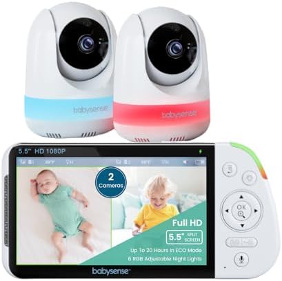Babysense MaxView-2CAM Baby Monitor with Camera and 5.5 Inch 1080p Full HD Split Screen Display, 2 Cameras, RGB Night Light, 5000 mAh Large Battery, 2-Way Audio, 4X Zoom, No WiFi, Model: MaxView-2CAM