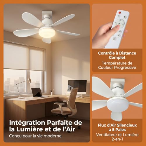 Yagerod Baugmann Ventilateur Plafond, Baugmann Ventilateur De Plafond Avec Lumière Et Télécommande, 3 Couleurs,40w | 52cm Plafonnier Ventilateur Silencieux 6 Pales, 3 Vitesses, Dimmable LED (C) – vue 6