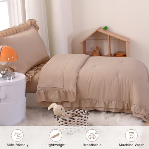 Image of Toddler Bedding Set for Girls, 4 Piece Double Ruffles Soft and Breathable Toddler Bed Sheets with Boho Toddler Comforter, Fitted Sheet, Flat Sheet and Pillowcase, Khaki