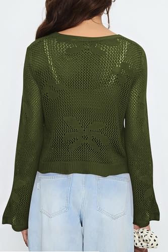 Image of Balimtoy Women Tie Front Cardigan Crochet Sweater Crop Tops Cute Bell Long Sleeve Knit Shrug Beach Vacation Cover Up