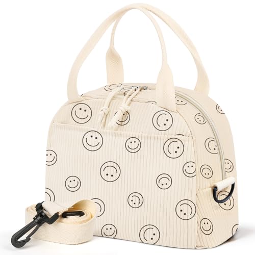 WOBAGMEN Lunch Box for Women,Smiley Lunch Bag Cute Corduroy Insulated Lunch Box With Shoulder Strap for Adult Womens for Work Picnic(smiley)