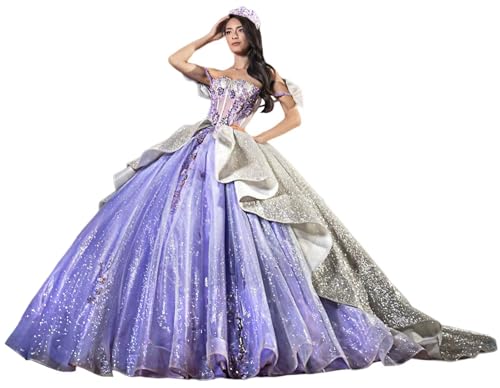 Zhangyo Sparkle Tulle Quinceanera Dresses with Bow Lace Appliques XV Dresses with Train Tulle Beaded Sweet 16 Dresses