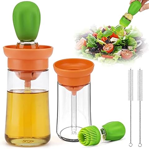 SAMSYOKI Pack of 2 Oil Bottle with Brush, Silicone 6 oz 2 in 1 Glass Oil Dispenser with Scale Anti-Leakage Oil Bottle Silicone Oil Brushes for Kitchen Grilling Baking Hot Air Fryer (Green) Cover