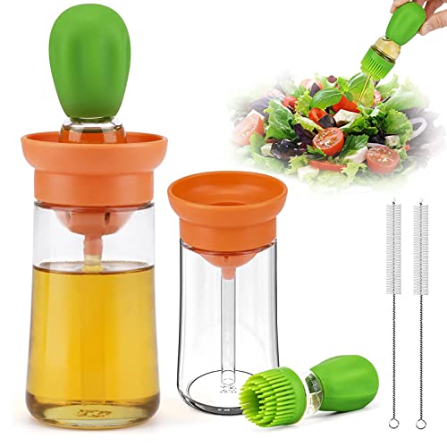 SAMSYOKI 2pcs 180 ML Bouteille d'huile avec Pinceau à badigeonner en Silicone 2 en 1 Distributeur d'huile avec Brosse Bouteille Huile en Verre pour Cuisson Salade Barbecue pâtisserie (Vert) Cover