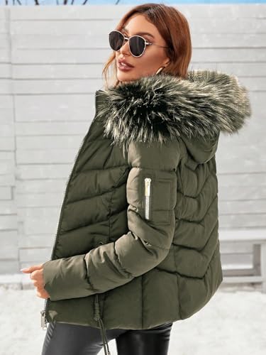 Women's Puffer Parka Jacket Fuzzy Trim Hooded Drawstring Waist Fleece Lined Padded Coat2