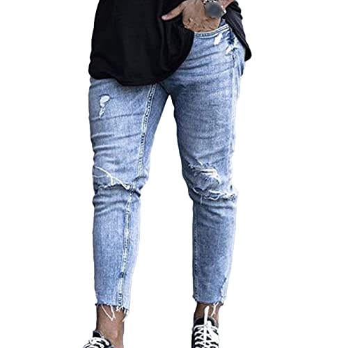 Men Distressed Hip Hop Denim Pants Vintage Ripped Skinny Slim Fit Jeans Washed Pencil Jean Trousers with Holes (Light Blue,Medium)