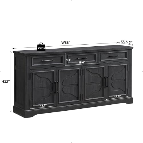 Image of JXQTLINGMU 66 inch Farmhouse Buffet Cabinet with Storage, Sideboard Credenza, Carved Cloud-Inspired Doors, 3 Drawers & Adjustable Shelves, Coffee Bar Cabinet, Black