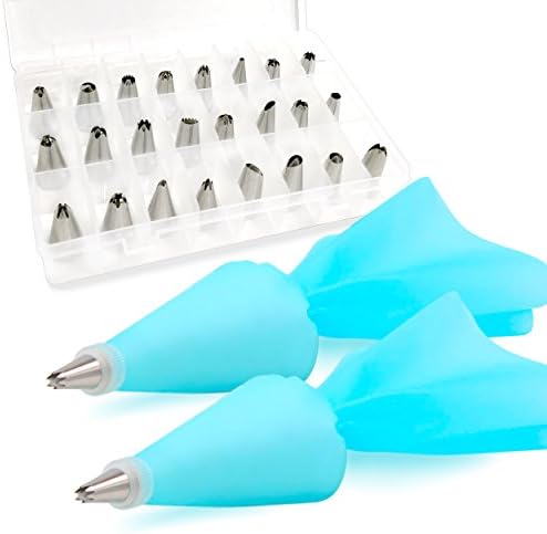 Tips for Cake Decorating Supplies Kit with 24 Icing Piping Tips, 2 Silicone Pastry Bags, 2 Reusable Plastic Couplers Baking Supplies Frosting Tools Set for Cupcakes Cookies