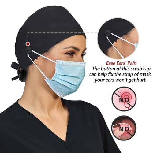 Image of Adjustable Scrub Cap with Button, Satin-Lined Cotton Scrub Hat Sweatband, Elastic Working Hat Unisex, One Size