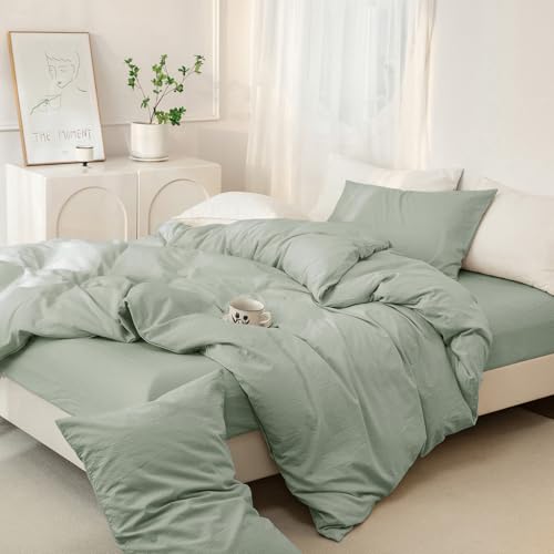JIYUAN 100% Washed Cotton Duvet Cover Set 3 Pieces Super Queen, 1 Duvet Cover 90x98 Inches(Comforter Not Included) and 2 Pillowcases,Linen Feel Bedding Set Comfy and Breathable, Heathered Sage Green