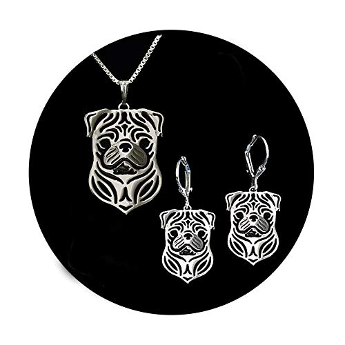 Pug Dog Sterling Silver Necklace Dangle Earrings Set By Ginger Lyne Puppy Dog Pet Pendant Box Chain Doggie Animal Paw Print Heart Jewelry For Pit Mom Women Girls Teens #TOP1