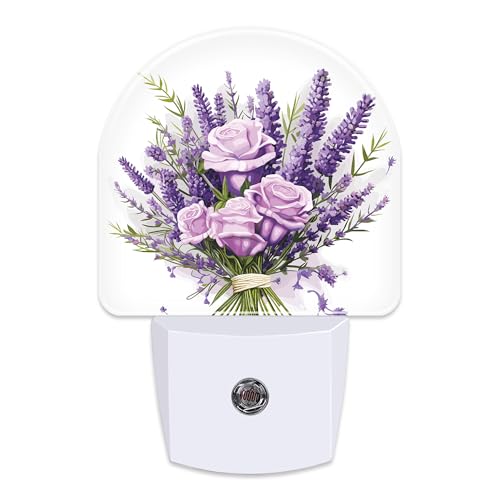 Image of Purple Lavender Louquet Night Light Plug into Wall,Watercolor Blooming Lavender Floral Dusk to Dawn Night Light Plug in,0.5w Energy Saving Sleep Friendly NightLight for Kids Boys Girls Home Decor