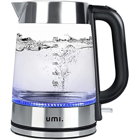 Amazon Brand - Umi Electric Glass Kettle 3000W 1.7 Litre, Fast Boil, Cordless Water Kettle with LED Light, Boil Dry Protection, BPA Free, Strix Controller - Silver Cover