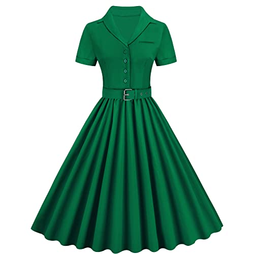Wellwits Vestido vintage de mujer con cinturón de bolsillo para oficina, verde oscuro, S Cover