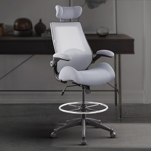 Image of BOLISS 400lbs High Back Computer Office Drafting Chair Flip up Armrests Lumbar Support Adjustable Big Footrest Ring (Grey)