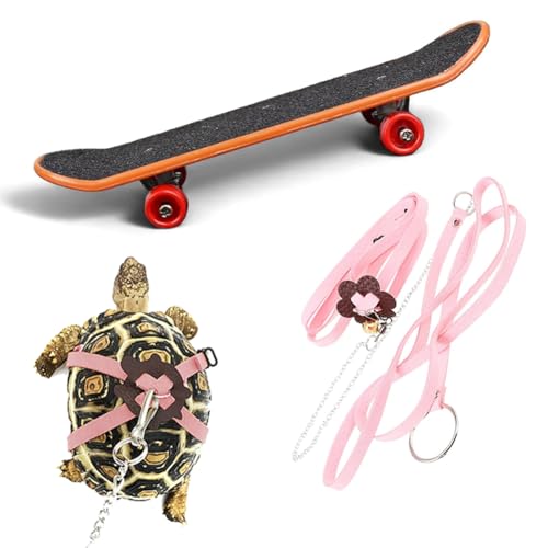 Turtle Toys Adjustable Harness Leash & Funny Skateboard Set Outdoor Walking Control Rope Finger Skateboard for Small Pet Beard Dragon Lizard Playing (S,Pink)