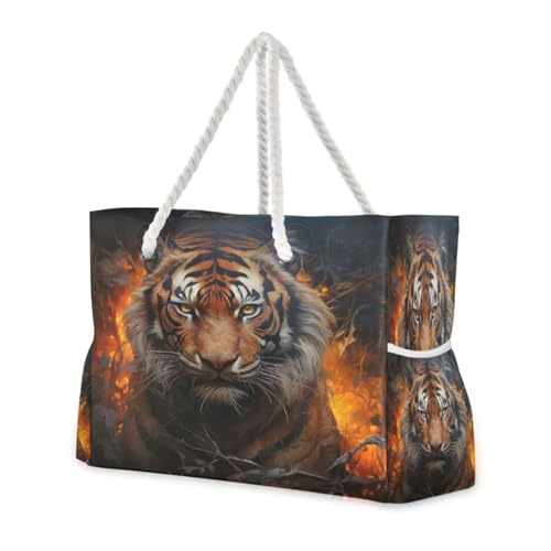 Flaming Tiger Beach Bag & Travel Tote Bag Large Sandproof with Zipper Closure, Wet Pouch for Swim Gym Travel, Lightweight Foldable Outdoor Bag
