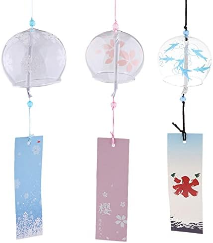 Muasopst Japanese Wind Chimes, Set of 3 Handmade Glass Windchime Wind Bells Flower Painted Pattern, Garden Patio Hanging Decoration