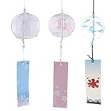 Muasopst Japanese Wind Chimes, Set of 3 Glass Windchime Wind Bells Flower Painted Pattern, Garden Patio Hanging Decoration