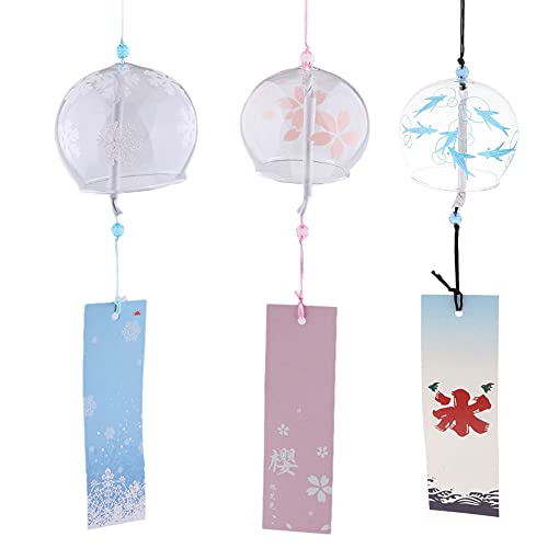 Muasopst Japanese Wind Chimes, Set of 3 Handmade Glass Windchime Wind Bells Flower Painted Pattern, Garden Patio Hanging Decoration
