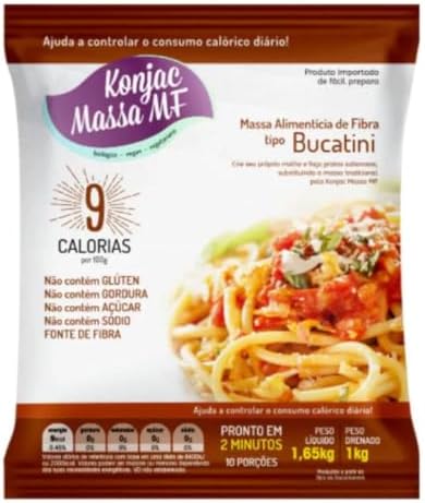 Embalagem do produto Konjac Massa MF tipo Bucatini com informações nutricionais e destaque de 9 calorias