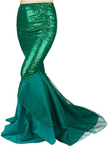 FEESHOW Women's Mermaid Tail Halloween Costumes Party Shiny Sequins Long Skirt Green Small