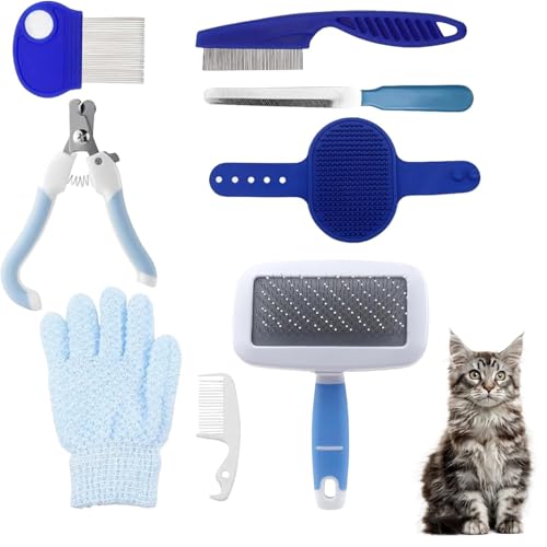 Set in 8 Pezzi di Toelettatura per Piccoli Animali Domestici, Kit di Toelettatura per Conigli con Spazzola a Setaccio, Guanto da Bagno e da Massaggio, Pettine per Criceti (Blu)