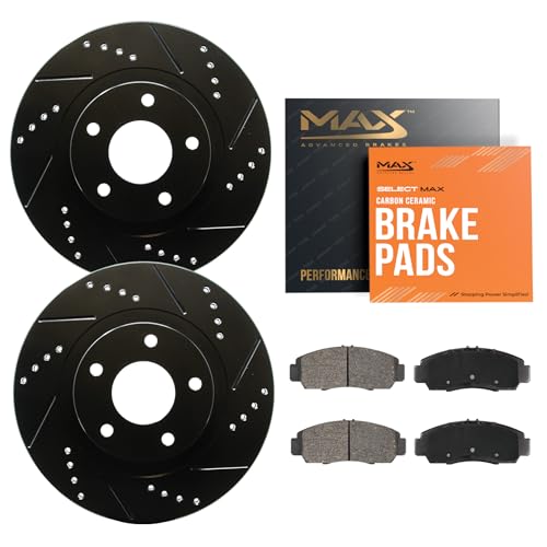 Image of Max Advanced Brakes Front Brake Kit Compatible With 1998 1999 Dodge Durango Dakota Replacement Drilled Slotted Black Coated Disc Brake Rotors and Ceramic Brake Pads