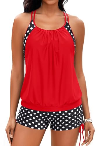 Image of Holipick Tankini Swimsuits Two Piece Tummy Control Bathing Suits Blouson Swim Tank Top with Boy Shorts