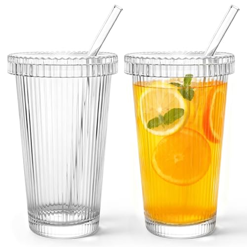 Iceten 2Pcs 375ML Ribbed Clear Glass Cups, Cold Coffee Cup with Lids and Straws Drinking Glassware Tumblers Set Ribbed Drinking Glasses Smoothie Cup Water Glass As Presents