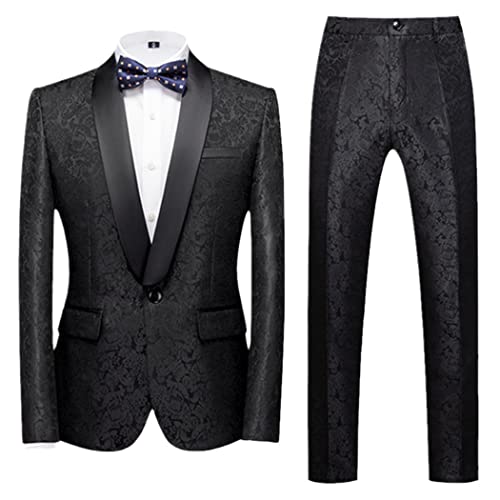 Primavera Autunno Uomini Casual Business Stampa Fiore Completo 2 Pezzi Set, Giacca Giacca Pantaloni Pantaloni, Nero , M