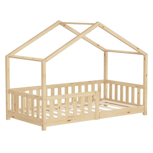 ML-Design Cama Infantil Casa 80x160 cm Madera Natural Maciza de Pino, Casita Estilo Montessori con Somier de Láminas, Techo y Protección Anticaída, Cuna Baja de Suelo para Niños, Litera Junior