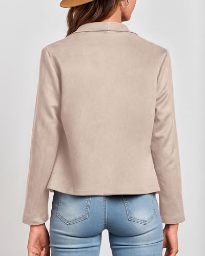 KIRUNDO Women\'s Faux Leather Suede Jacket 2023 Fall Fashion Light Long Sleeve Cropped Jacket Coats With Pockets(Beige Apricot, Small) - Thumbnail 2