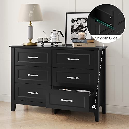 Linsy Home Black Dresser For Bedroom, Long Dresser With 6 Drawers, Wood Chest Of Drawers With Metal Handles, Ideal For Living Room, Entryway And Hallway #TOP5