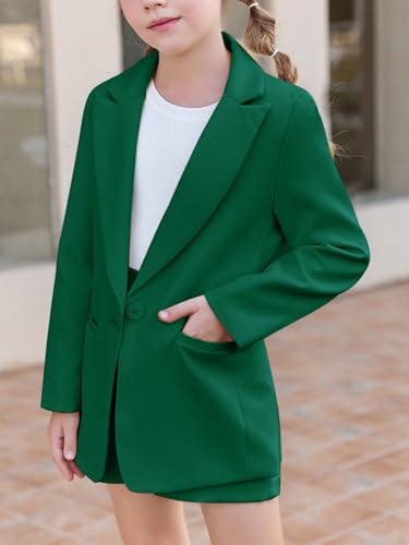 Image of Batermoon Girls 2 Piece Outfits Button Front Long Sleeve Blazer and Short Pants Suit Sets 4-14 Years