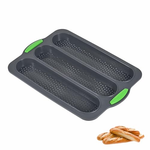 Moule à Pain en Silicone, Moule Baguette Perforé Antiadhésif, Moules à Baguette à 3 Compartiments, Plaque à Baguettes pour La Cuisson DYI à Domicile Gris