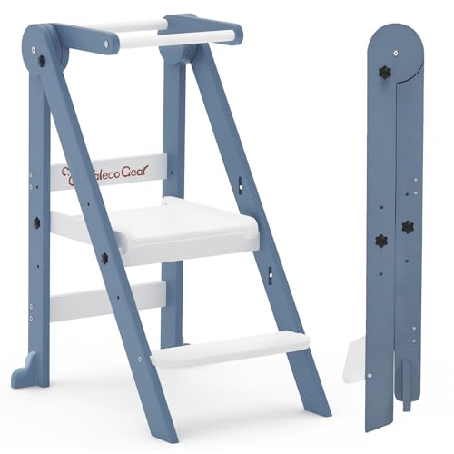 Taleco Gear Foldable Toddler Kitchen Stool Helper, Tower with 3 Adjustable Height, Wooden Toddler Step Stool, Collapsible Tower, Kids Stool for Kitchen and Bathroom