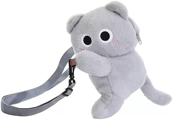 Adorable Cat Plush Shoulder Bag - Kawaii Animal Shape Crossbody Bag, Novelty Purse Wallet Messenger Bag for Womens Gray
