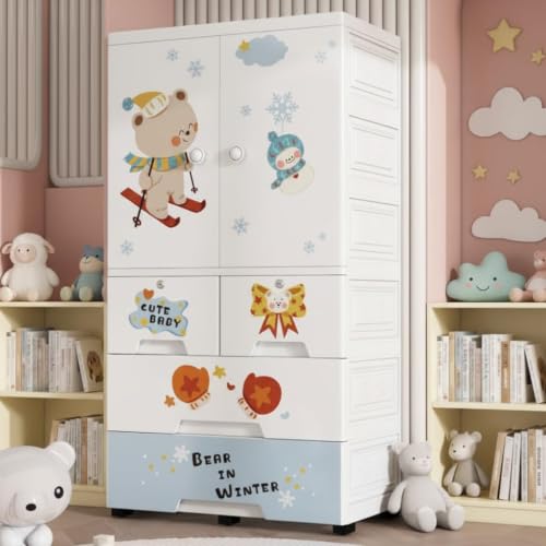 Image of EXVITO Plastic Wardrobe for Cloth with Drawers & Hanging Rod | Baby Cupboard for Clothes Storage | Foldable Collapsible Plastic Almirah for Kids | Cartoon Design Cabinet for Bedroom (Beige, 5 Door)