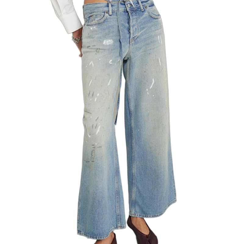 Vintage Mom Jeans High Street American Distressed Harem Jeans Wide Leg Denim Pants Splashed Ink Tied Jeans Women