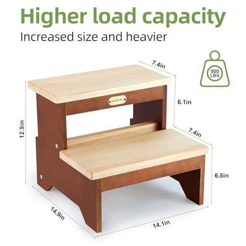 Wooden Two Step Stool for Adults and Kids, Bed Stepstool with Two-Colour, Heavy Duty for Bathroom/Kitchen/Bedside Step Stool, Holds up to 500LBS Capacity (Pine) - Thumbnail 3