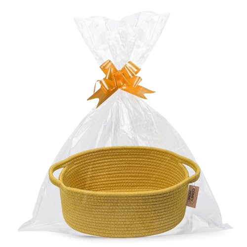 COMFY HOMI Small Woven Baskets with Handles, Gift Bags and Ribbons - Durable Cotton Rope Storage...