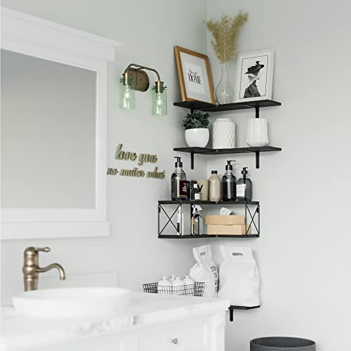 Richer House 5-Tier Corner Floating Shelves Set Of 5,Corner Black Shelves For Wall Decor, L-Shaped Corner Wall Mounted Shelf For Bedroom, Living Room, Bathroom, Kitchen - Black #TOP6