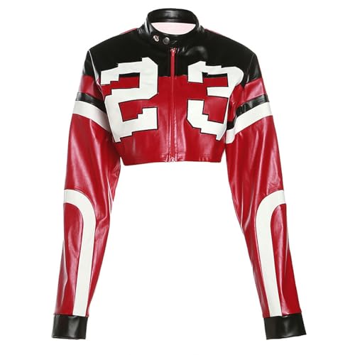 Veste moto femme automne en faux cuir rouge slim grande taille